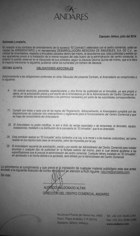 Contrato del mall Plaza Andares