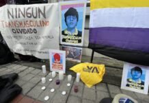 ¿Por qué una Ley Integral Trans? Plantón frente al Ministerio de Educación en respuesta al suicidio de Daniel Montoya. Fotografía tomada de @donatovik en X